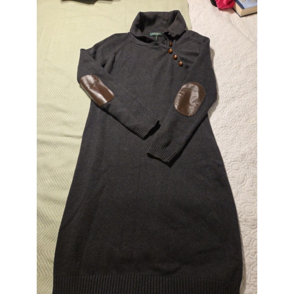LAUREN Ralph Lauren Knit Sweater Dress Size M Gray Brown Leather Elbow Patches